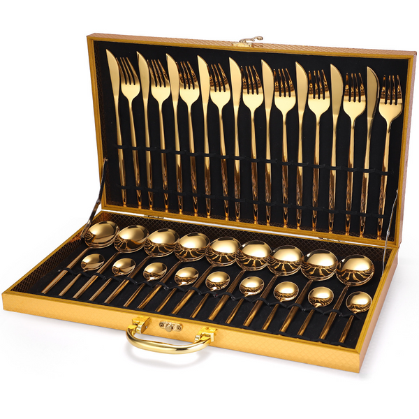 Conjunto Premium Talheres Aço Inoxidável- Retro conjunto de talheres de ouro luxo completo talheres estilo europeu aço inoxidável colher garfo bife faca louça caixa presente