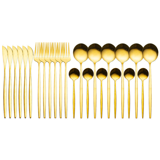 Conjunto Premium Talheres Aço Inoxidável- Retro conjunto de talheres de ouro luxo completo talheres estilo europeu aço inoxidável colher garfo bife faca louça caixa presente